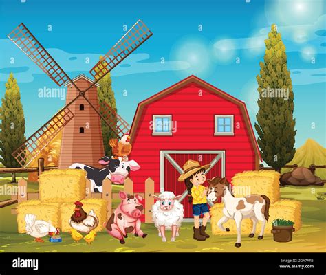 Farm Scene With Windmill And Animals On The Farm Stock Vector Image