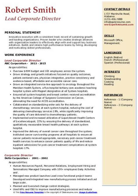 Use our worksheets and templates to land you the interview of your dreams! Corporate Director Resume Samples | QwikResume