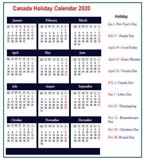 Public Holidays In Canada 2020 Best Printable Calendar