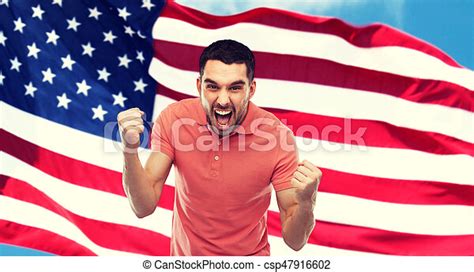Angry Man Showing Fists Over American Flag Emotion Aggression