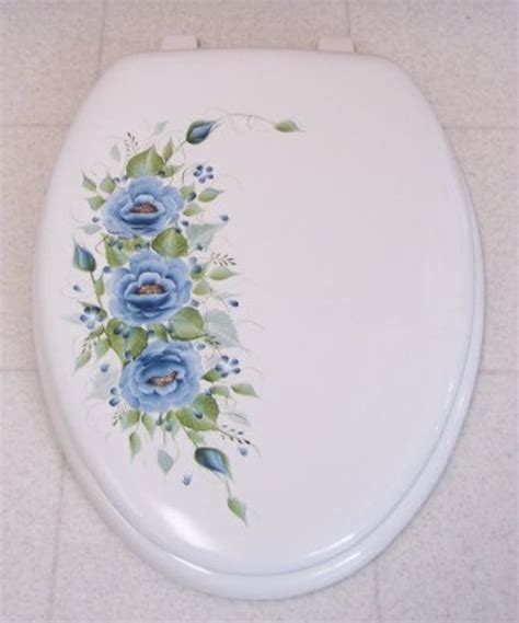Hand Painted Roses Toilet Seatblue Roseselongated White Etsy