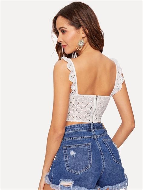 Shein Knot Front Embroidered Eyelet Crop Top Crop Tops Tops Top Outfits