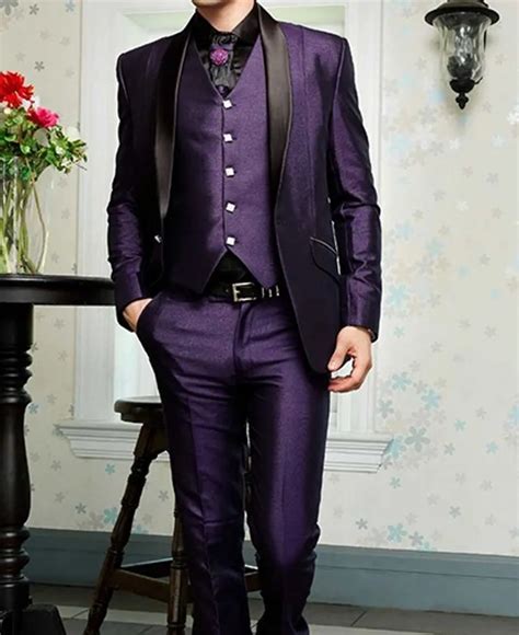 Purple Satin Groom Tuxedos 3 Piece Slim Fit Black Lapel Mens Wedding