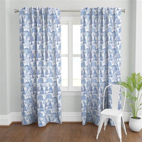 Chinoiserie Curtain Panel Pagoda Forest In Blues By Danikaherrick