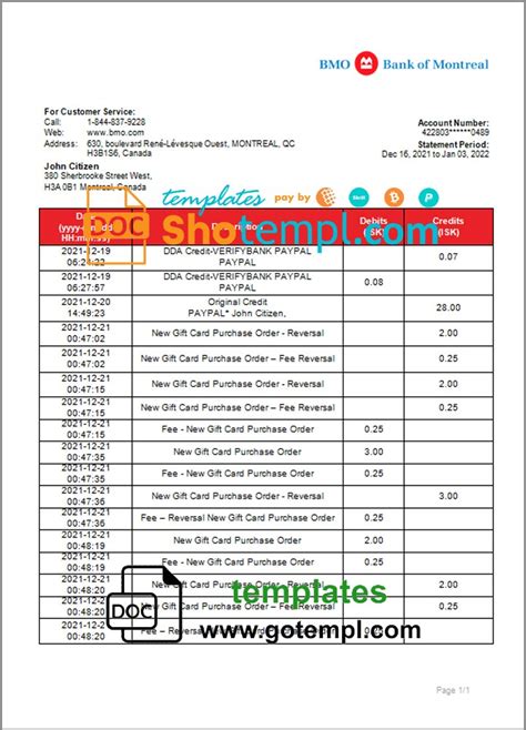 Canada Bank Of Montreal Bank Statement Template In Word And Pdf Format