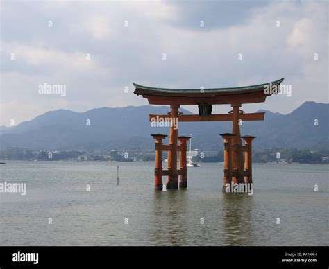 View Of The Iconic Floating Torii Gate Of Itsukushima Shrine At High