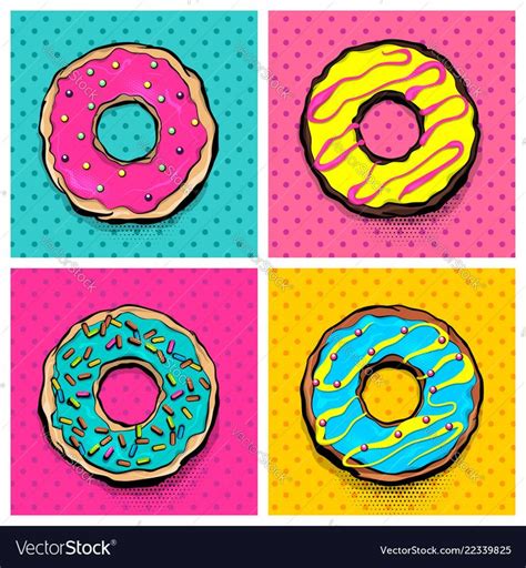 Set Doughnut Sweet Food Donut Cartoon Pop Art Style Vector Colored