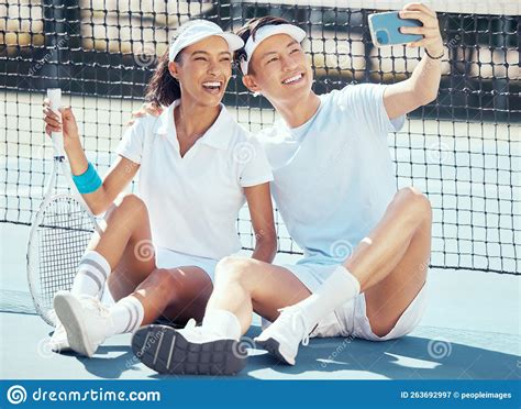 Selfie Sports Or Couple Sitting On A Tennis Court Resting After