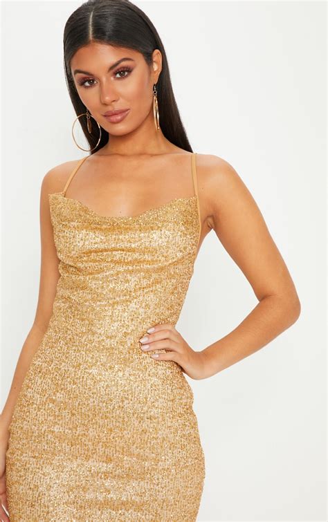 Gold Glitter Strappy Bodycon Dress Dresses Prettylittlething Aus