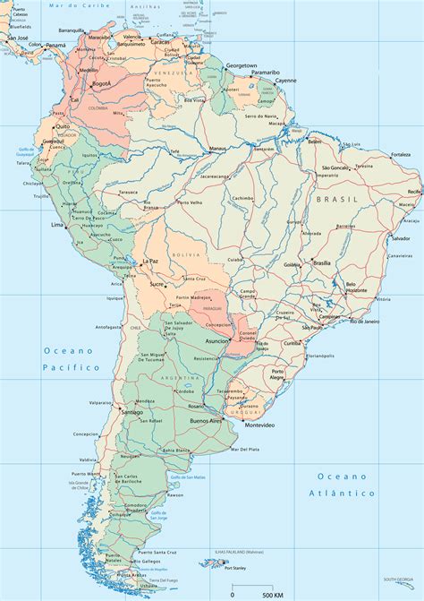 Mapa da América do Sul - Político - Países, Rios, Lagos