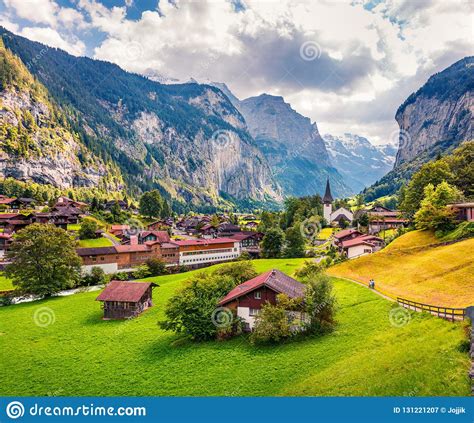 Sunny Summer View Of Lauterbrunnen Village Stock Image Image Of