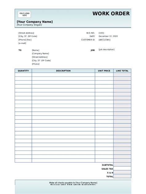 Work Order Create Form Fill Online Printable Fillable Blank