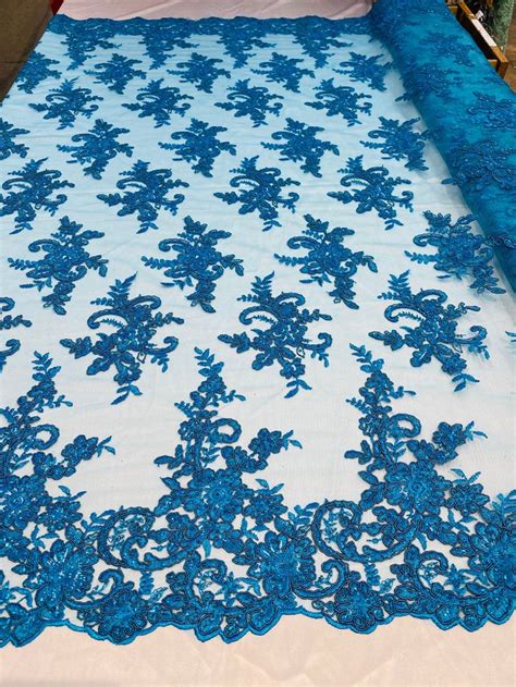 Turquoise Lace Fabric Corded Flower Embroidery With Sequins On Etsy