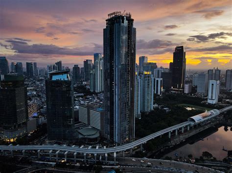 Jakarta Indonesia 2021 Aerial View Of Sunset In The Skyscrapers Of