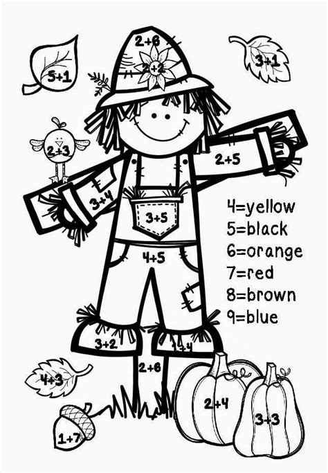 Fall Math Color By Number Addition Worksheets Sketch Coloring Page