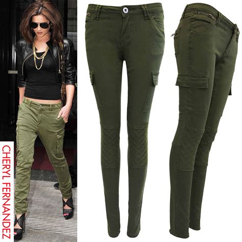 New Womens Ladies Skinny Fit Cargo Jeans Khaki Zip Combat Quilted Look