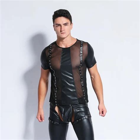 Cfyh Men Sexy Mesh Leather T Shirts Male Fashion Undershirts Men