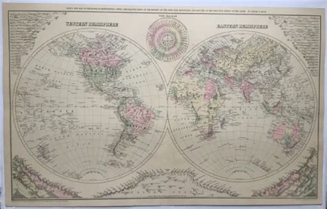 Original 1879 World Hemisphere Mapeasternwesternriversmountainsold