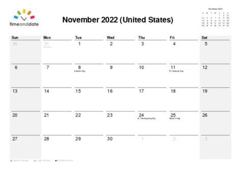 Printable Monthly Calendar — United States — November 2022