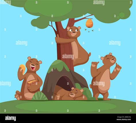 Bear Group Funny Cartoon Bear In Woods Eating Playing Sleeping Vector Cartoon Background Stock
