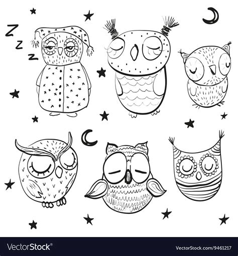 Set Sleeping Owls Royalty Free Vector Image Vectorstock