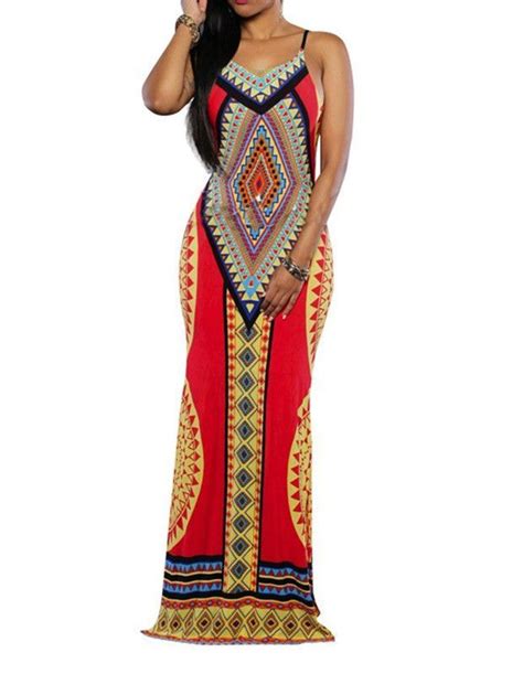 Womens Orange Tribal African Geo Print Backless Maxi Slip Dress