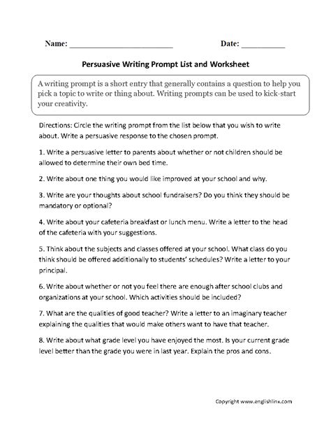 The writing prompt worksheet contains 20 creative and original writing topics to inspire you. Narrative, persuasive, expository/informative, and warm up ...
