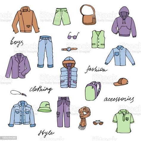 Childish Boy Clothes And Lettering Doodle Set Stock Illustration