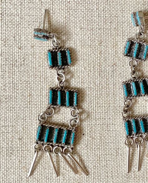 Needlepoint Turquoise Chandelier Earrings Vintage Native American Zuni