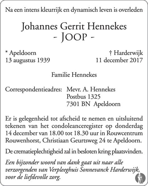 Johannes Gerrit Joop Hennekes Overlijdensbericht En My Xxx Hot Girl