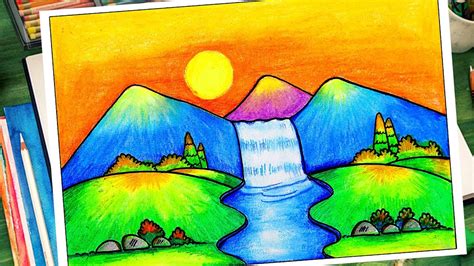 How To Draw Easy Scenery For Kids Waterfall Scenery Drawing تعليم