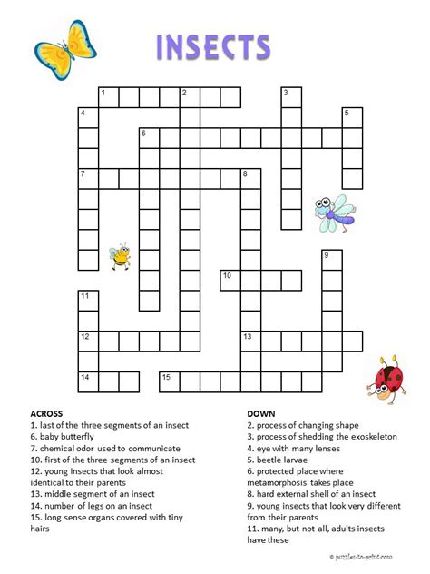 Summer is the time of fun, recreation, and holidays. Insects Crossword for Kids | Word puzzles for kids, Free ...