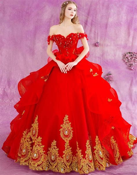 Ball Gown Princess Red Wedding Dresses Long 2016 Gothic Gold Lace