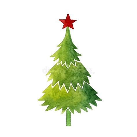 Christmas Tree And Red Star Watercolor Vector Illustration Stock