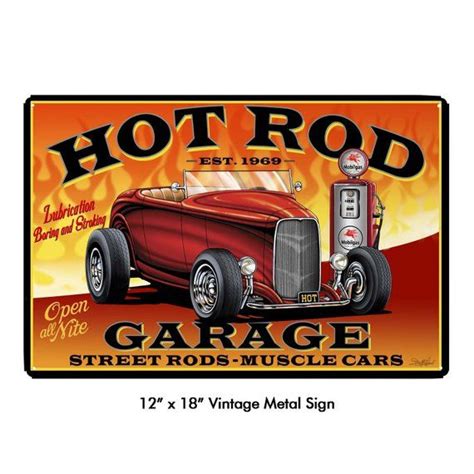 Hot Rod Garage Art On Wood Or Metal Sign Vintage Style Hot Rod Garage