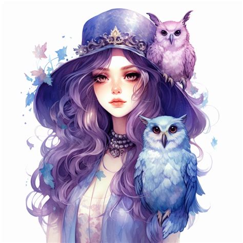 Lunar Witch With Owl Purple And Blue Moon Clipart White Background