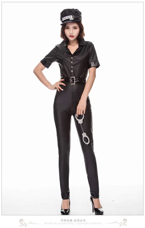 Sexy Black Leak Back Traffic Cop Costume Police Women Faux Leather Cosplay Jumpsuit In Sexy