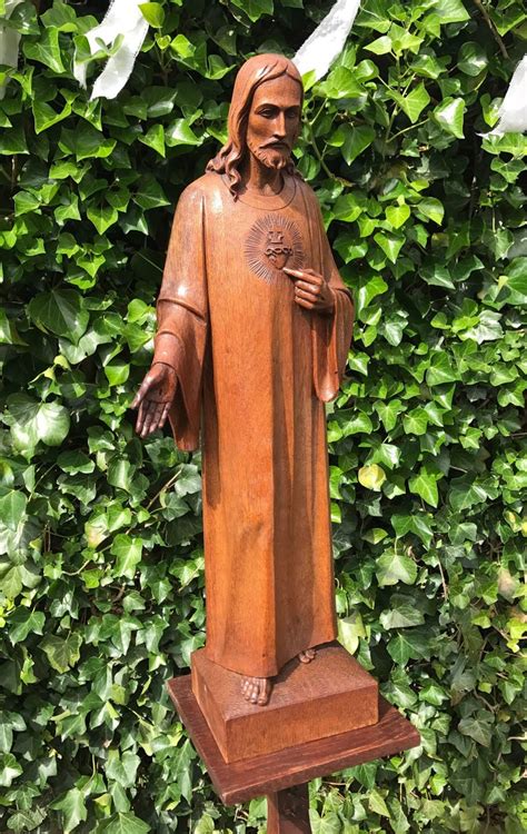 Antique Carved Oak Sacred Heart Statue Wooden Christ Sculpture For Sale ...