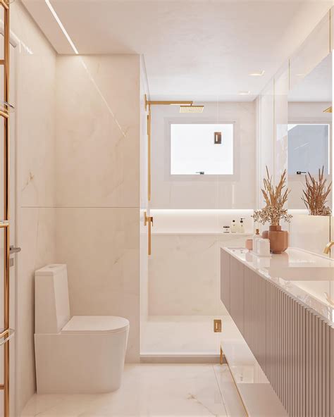 Banheiro Contempor Neo Branco E Dourado Com Filetes Jardim Vertical E Banheira Decor Salteado