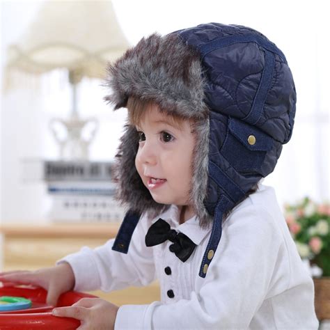 Baby And Kids Toddler Boys Faux Fur Fleece Blue Bomber Hats New Winter