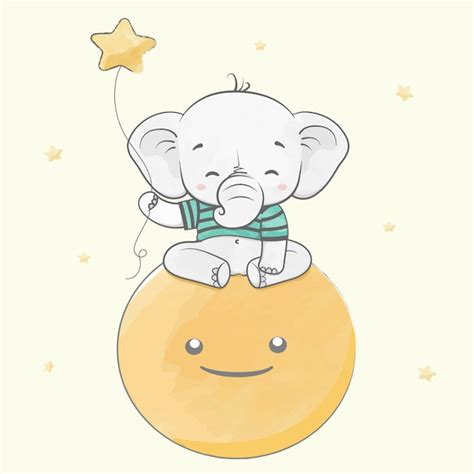 Lindo Bebé Elefante Sentado En La Luna Con Estrellas Color De Agua