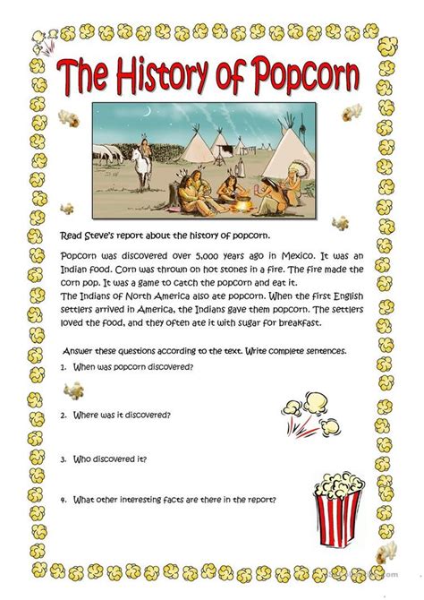 THE HISTORY OF POPCORN worksheet - Free ESL printable worksheets