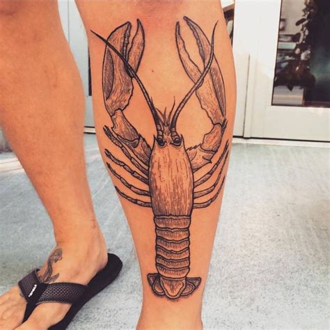 Engraving Style Lobster Tattoo On The Left Shin Lobster Tattoo