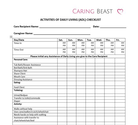 Free Printable Caregiver Daily Checklist Elderly Printable Form