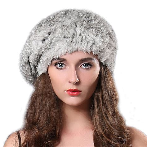Women Winter Fur Beret Hat Rex Rabbit Fur Knitted Warm Cap Original Grey Cv122v3g9w3