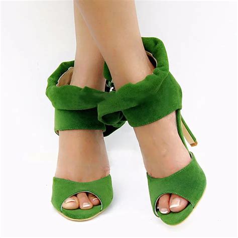 sexy ladies beauty bright green flock ruffles side zip sandals women thin high heels peep toe