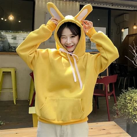 Kawaii Hoodies Women Hooded Sweatshirt Korean Fashion Cute Sweatshirt Autumn Pink Yellow White