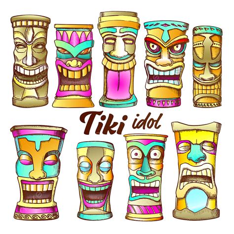 Tiki Idol Collection Totem Vintage Color Set Vector Png Dibujos Tiki