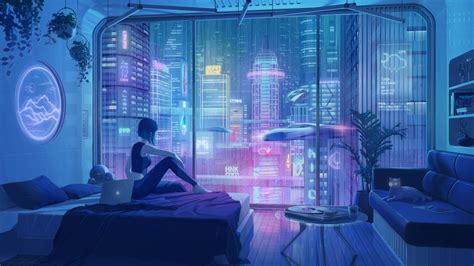 壁纸 数字艺术 艺术品 插图 房间 在室内 环境 坐着 未来派 窗口 建造 科幻小说 Cyberpunk