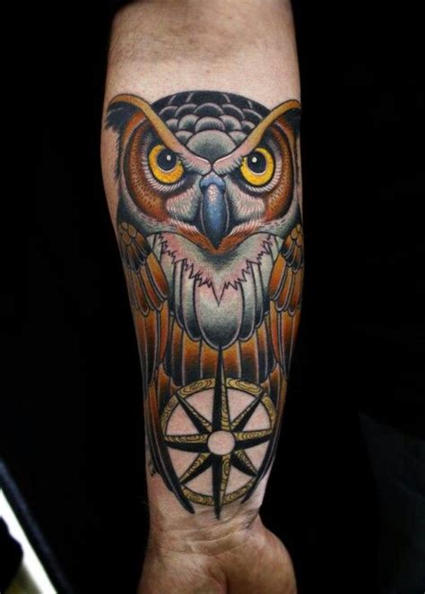 Owl Tattoo By Dave Wah Compass Tattoo Design Owl Tattoo Compass Tattoo